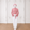 MAYA Rose modest blouse and white trouser set with draped polka print blouse and statement belt, front view by Modella