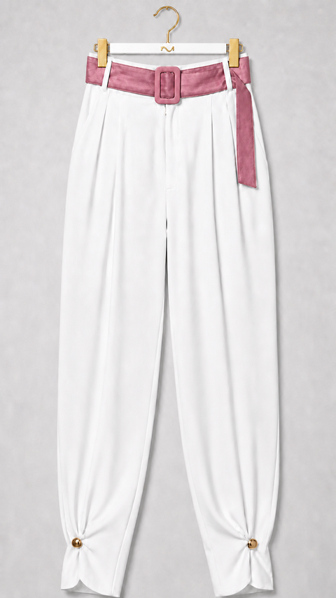 MAYA Rose set white tailored trousers with rose statement belt and sculpted ankle detail, front view by Modella