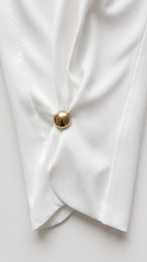 MAYA Rose modest set white tailored trousers with gathered ankle and gold button detail, close-up by Modella