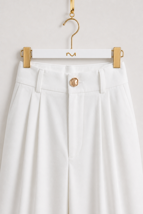 MAYA Rose modest set white tailored trouser waistband with belt loops and gold button, close-up by Modella