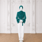 MAYA Teal luxury modest blouse and white tailored trouser set with draped polka print chiffon, ruffle sleeves and statement belt, front view by Modella