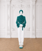 MAYA Teal luxury modest blouse and white tailored trouser set with draped polka print chiffon, ruffle sleeves and statement belt, front view by Modella
