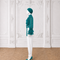 MAYA Teal luxury modest blouse and white tailored trouser set with polka print chiffon, layered ruffle cuffs and statement belt, side view by Modella