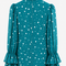 MAYA Teal luxury modest chiffon blouse with polka print, high neckline, long sleeves and layered ruffle cuffs, back view by Modella