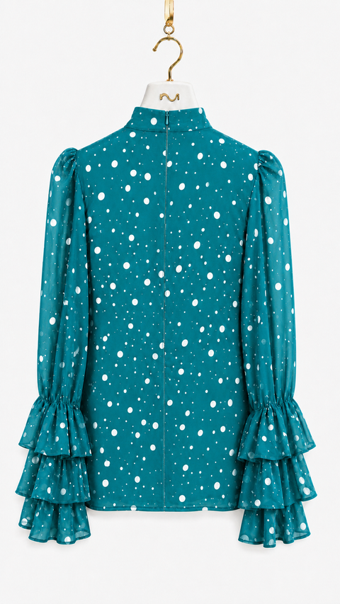 MAYA Teal luxury modest chiffon blouse with polka print, high neckline, long sleeves and layered ruffle cuffs, back view by Modella