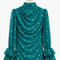 MAYA Teal luxury modest chiffon blouse with polka print, draped high neckline and layered ruffle cuffs, front view by Modella