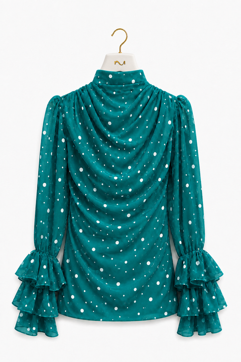 MAYA Teal luxury modest chiffon blouse with polka print, draped high neckline and layered ruffle cuffs, front view by Modella