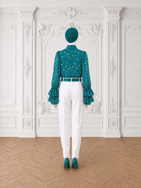 MAYA Teal luxury modest set with polka chiffon blouse and white tailored trousers, back view by Modella