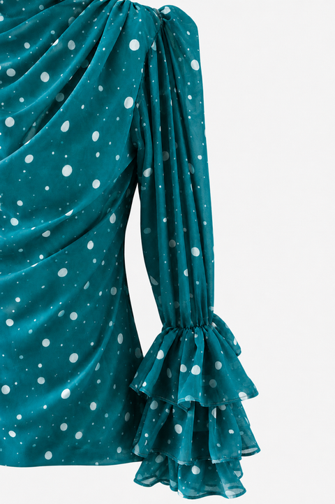 MAYA Teal luxury modest chiffon blouse close-up with polka print and layered ruffle sleeve detail by Modella
