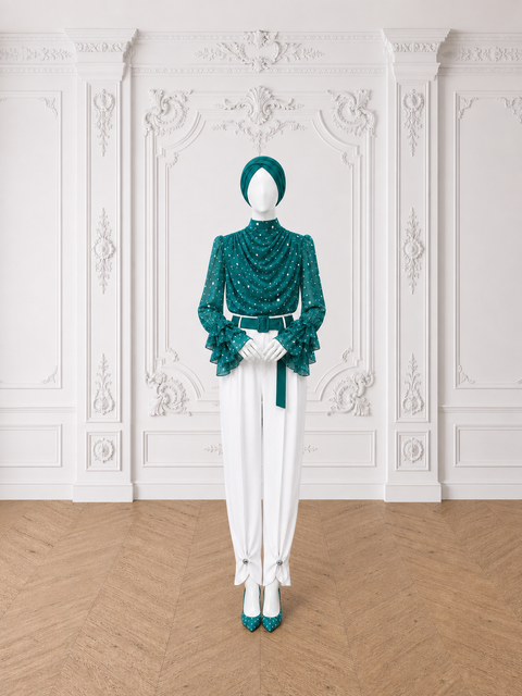 MAYA Teal modest chiffon blouse with draped neckline and ruffle cuffs, styled front view by Modella