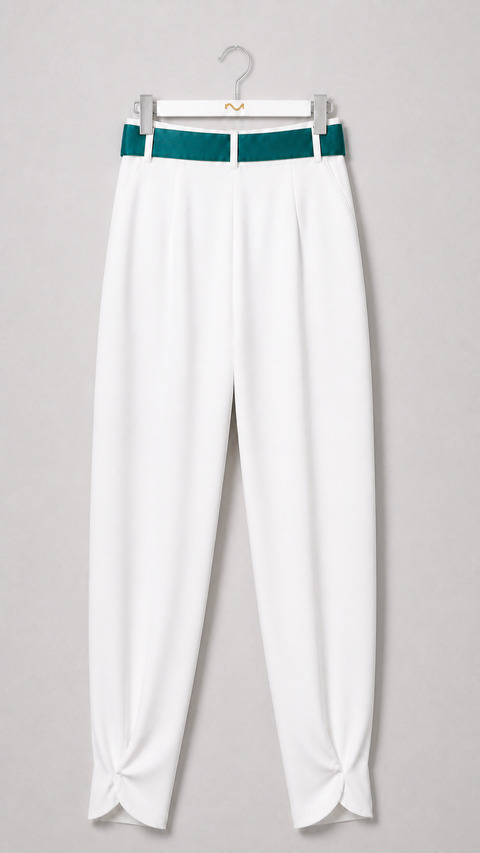 MAYA Teal set white tailored trousers with teal waistband belt and sculpted ankle detail, back view by Modella