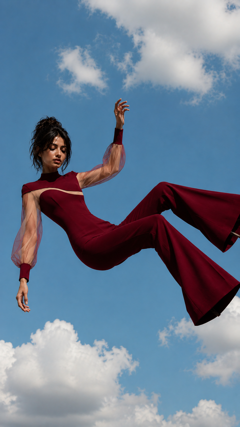 Mira wearing a Modella red jumpsuit for the Modesty In Motion campaign