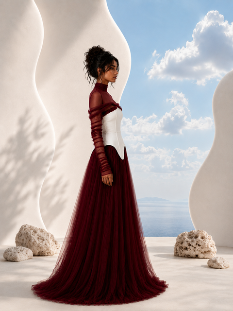 Side view of NYRA burgundy evening gown by Modella showcasing layered tulle volume and sculpted bodice construction