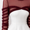 Close-up of NYRA burgundy and ivory luxury modest evening gown featuring a sculpted ivory corset bodice, sheer high neckline and ruched tulle sleeves by Modella