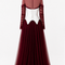 NYRA burgundy luxury modest evening gown with ivory lace-up sculpted corset, sheer long sleeves and pleated floor-length skirt, hanger back view by Modella