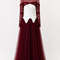 NYRA burgundy luxury modest evening gown with ivory sculpted corset, sheer long sleeves and pleated floor-length skirt, hanger front view by Modella