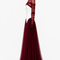 NYRA burgundy luxury modest evening gown with ivory sculpted corset, sheer ruched long sleeves and pleated floor-length skirt, hanger side view by Modella