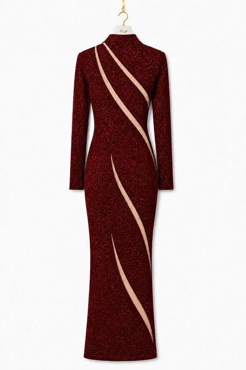 Red modest evening dress with curved cutout details and long sleeves, back view by Modella