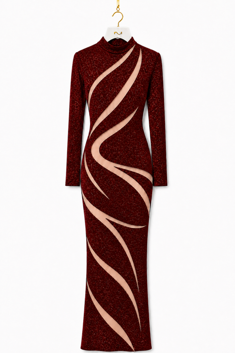 Red modest evening dress with sculpted curved cutout details and long sleeves, front view by Modella