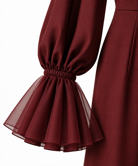 Close-up of the VERA burgundy jumpsuit by Modella featuring a sheer tulle flared cuff with gathered wrist detailing and long statement sleeve