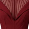Close-up of the VERA burgundy jumpsuit by Modella featuring a sheer pleated tulle high-neck yoke, ruffled collar and sculpted fitted bodice
